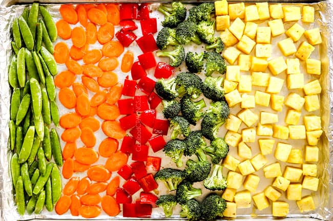 howing how to make teriyaki salmon recipe by adding carrots, bell peppers, broccoli, snap pea and pineapple to a baking sheet