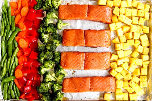 showing how to make teriyaki salmon recipe by lining salmon fillets on a baking sheet with snap peas, carrots, broccoli, bell pepper and pineapple