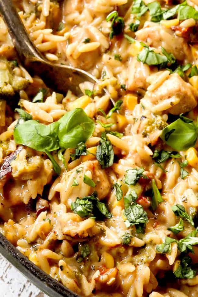 up close of basil chicken showing how creamy it is