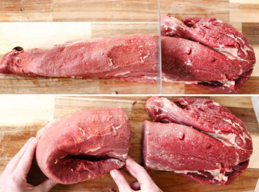 a collage showing how to cook beef tenderloin by slicing it in half then folding the narrow tail end under