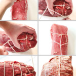a detailed collage showing how to tie beef tenderloin with kitchen twine