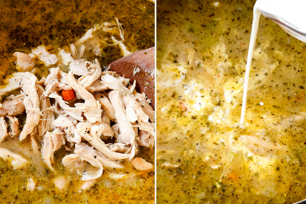 a collage showing how to make chicken pot pie soup by adding shredded chicken and half and half to soup
