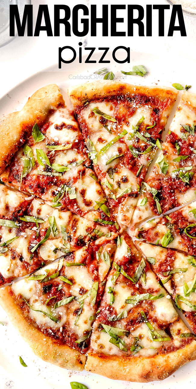 top view of margherita pizza showing toppings:  pizza sauce, fresh mozzarella, and fresh basil 