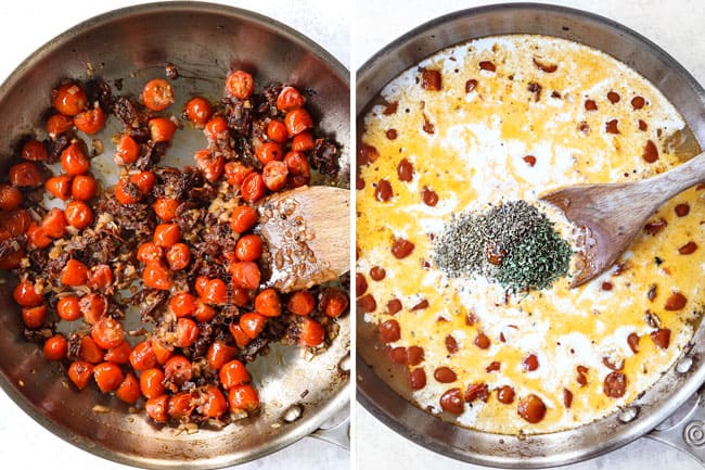 a collage showing how to make Tuscan salmon by sauteing shallots and tomatoes then adding heavy cream and Italian seasonings