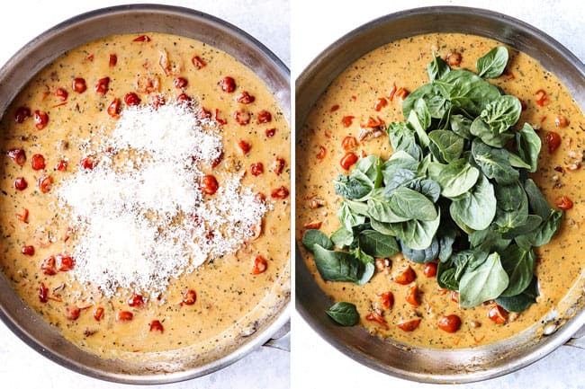 showing how to make Tuscan salmon by adding Parmesan and then to a stainless steel skillet