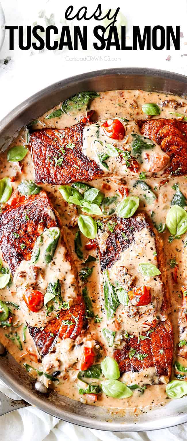 top view of Tuscan salmon in a stainless steel skillet