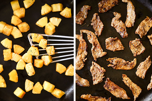 a collage showing how to make beef teriyaki by stir frying pineapple and searing the beef