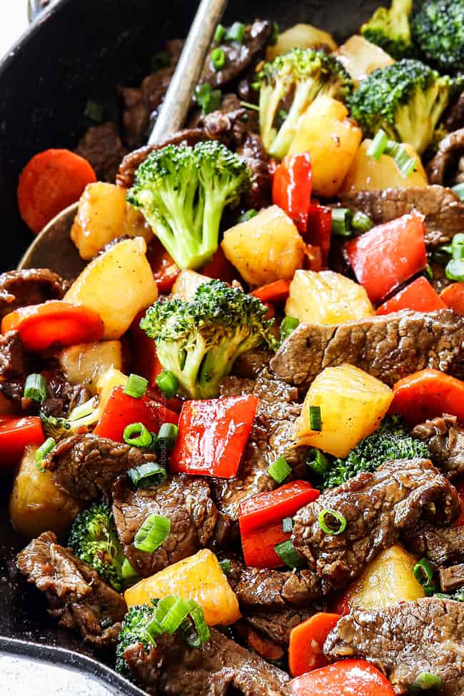 up close of beef teriyaki showing how juicy the beef is