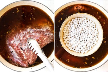 a collage showing how to make corned beef recipe by adding brisket to curing brine then weighing down with pie weights in a bowl