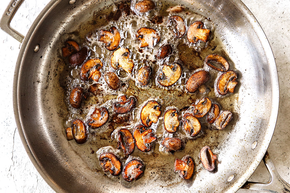 showing how to cook pork medallions recipe by by sautéing mushrooms until golden