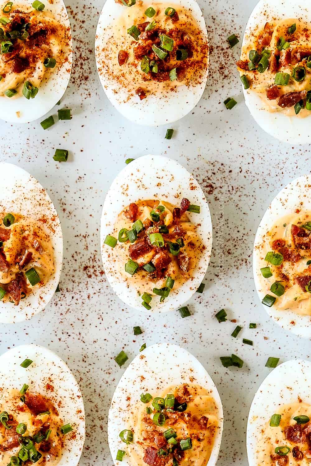 up close of easy deviled eggs on a platter without vinegar