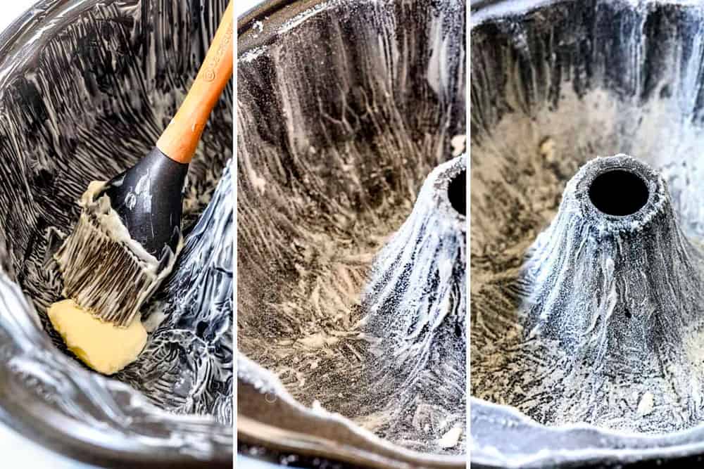 showing how to make lemon pound cake recipe by greasing a cake bundt pan with butter and flour