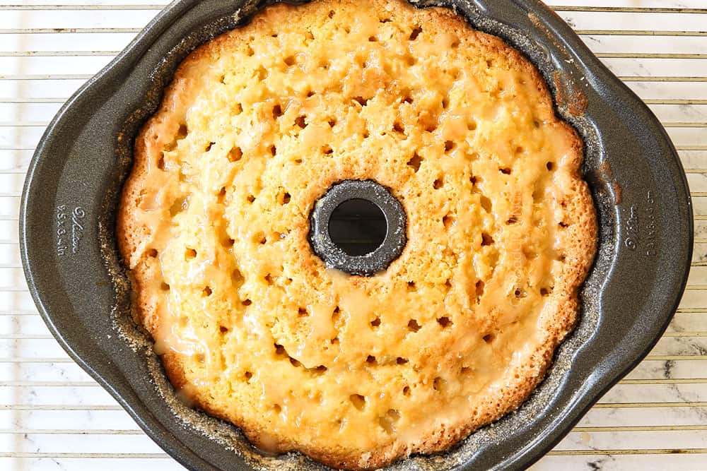 a collage showing how to make lemon pound cake by poking holes in the cake