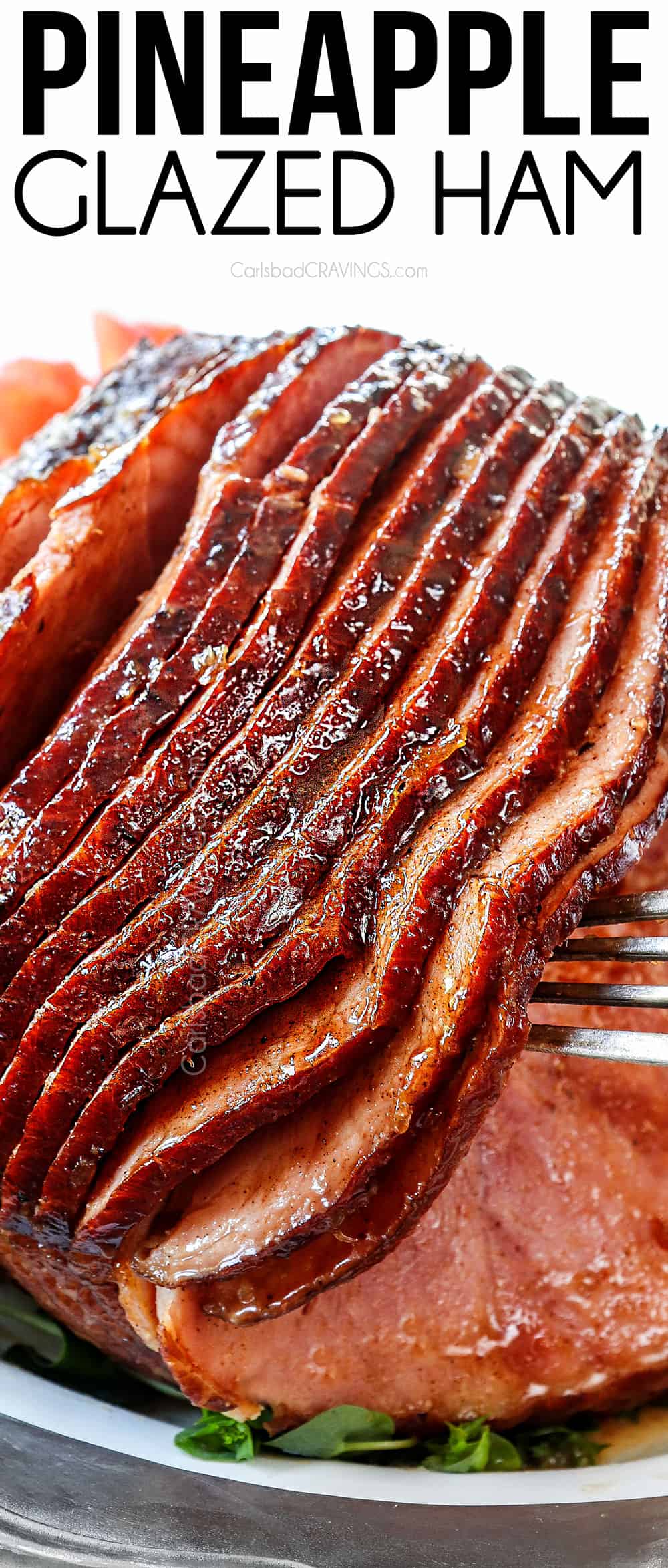 up close of pineapple ham glaze on a spiral ham showing the caramelized edges