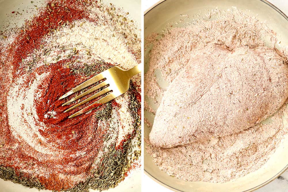 a collage showing how to make Cajun chicken recipe by whisking Cajun seasonings together in a bowl and then dredging the chicken in the seasonings