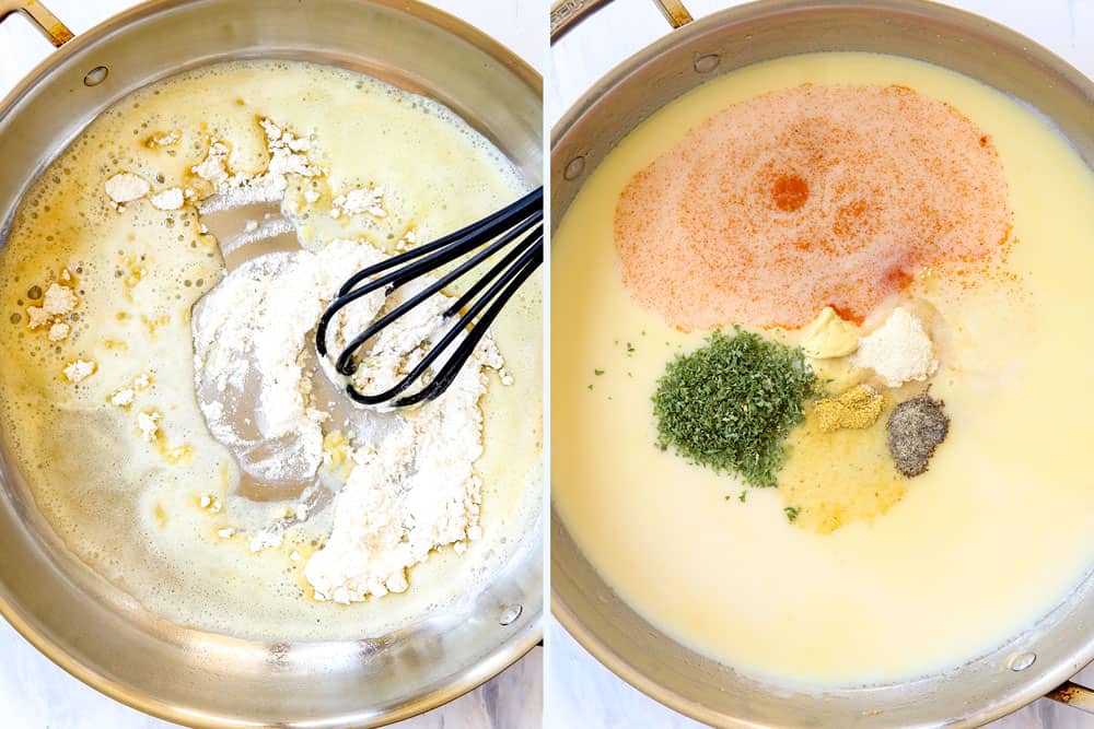 a collage showing how to make chicken cordon bleu casserole by adding flour to oil and making a roux then adding chicken broth, milk, and seaonings