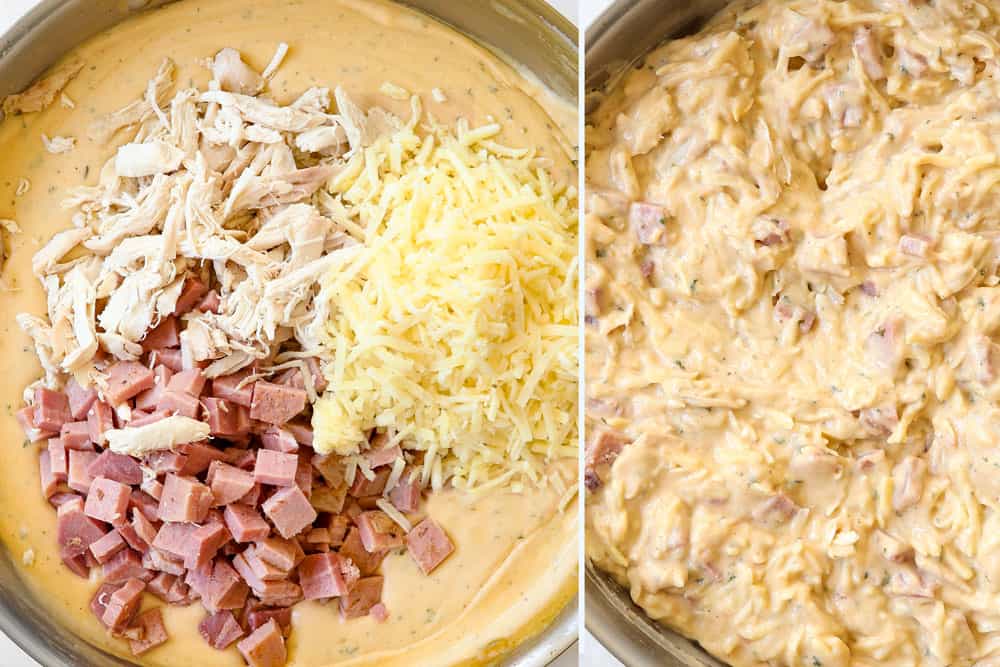 a collage showing how to make chicken cordon bleu casserole recipe by adding chicken, ham and Hashbrowns to sauce and stirring to combine