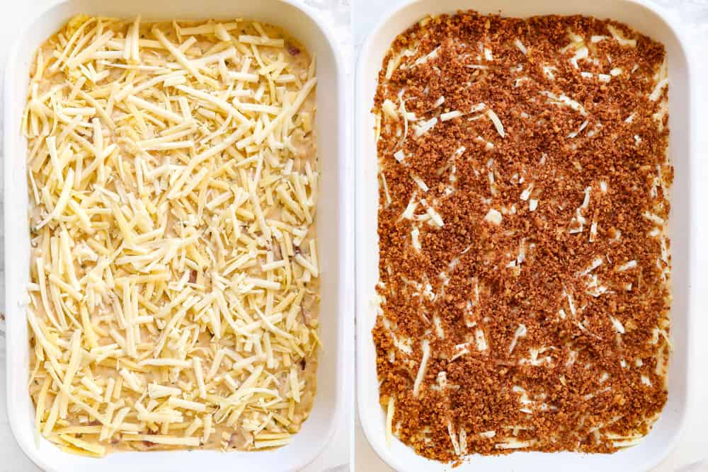 a collage showing how to make chicken cordon bleu casserole by adding filling to 9x13 pan, topping with cheese and then pankno