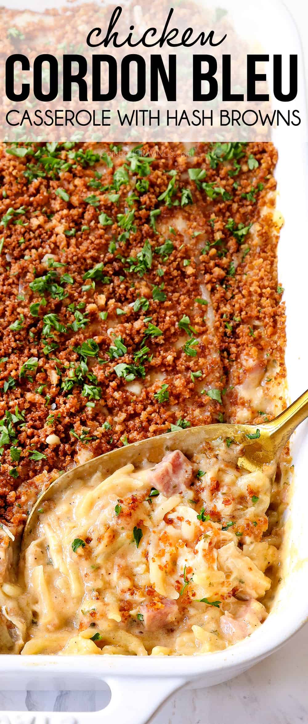 up close of a spoonful of chicken cordon bleu casserole showing how creamy it is