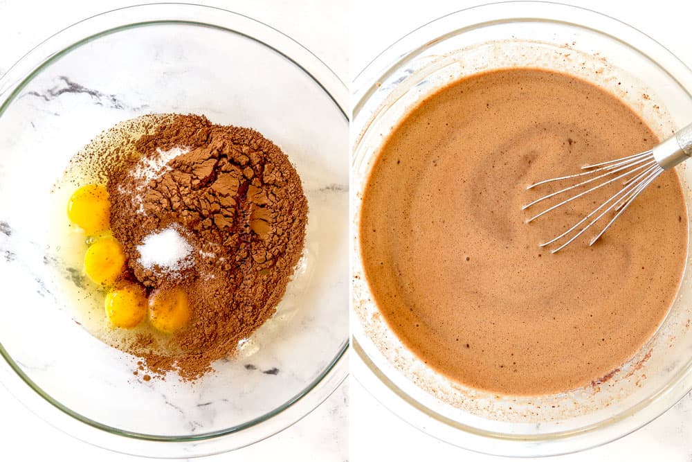 a collage showing how to make chocolate bread pudding recipe by whisking eggs, sugar and cocoa powder to make custard, then whisking in melted chocolate