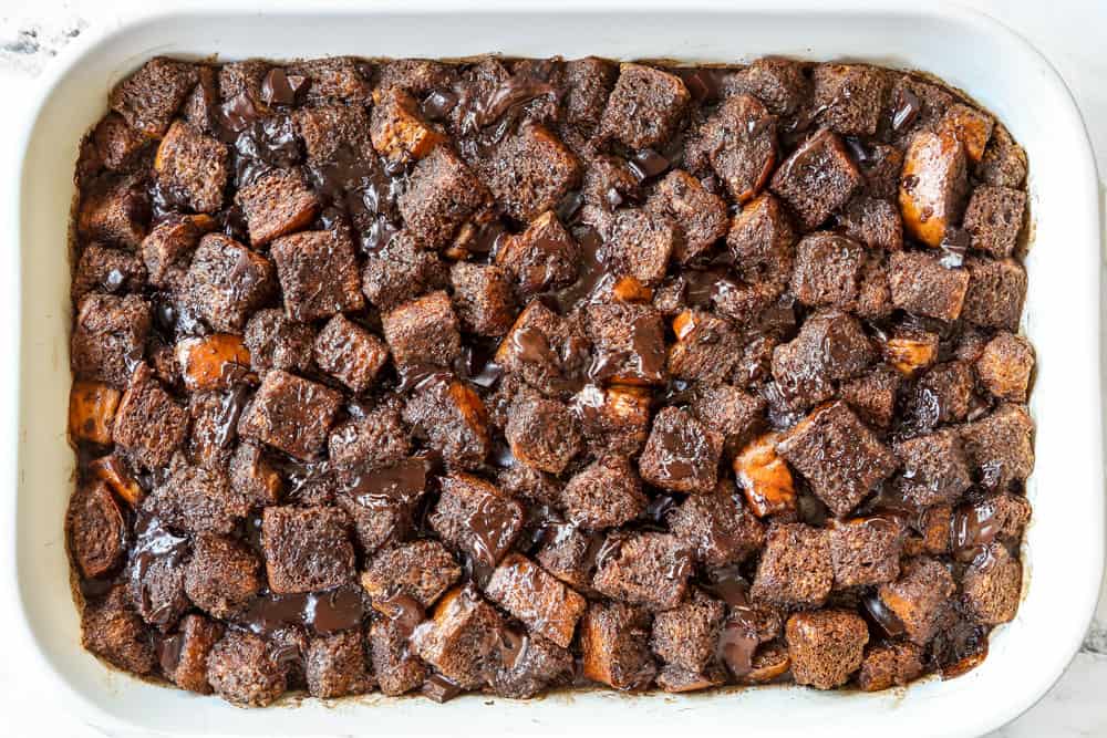 showing how to make bread pudding by baking until set in a 9x13 baking dish