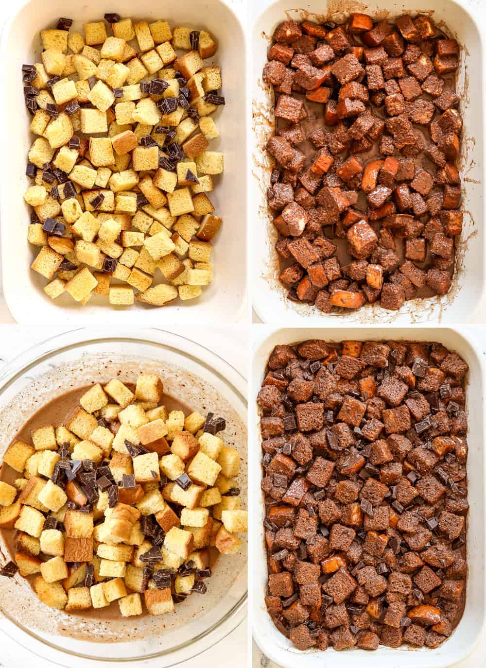 a collage showing how to make bread pudding by 1) adding half of the bread to pan, 2) combining with half of the custard, 3) tossing remaining bread and custard together in a bowl, 4) adding all of the bread and custard to 9x13 pan
