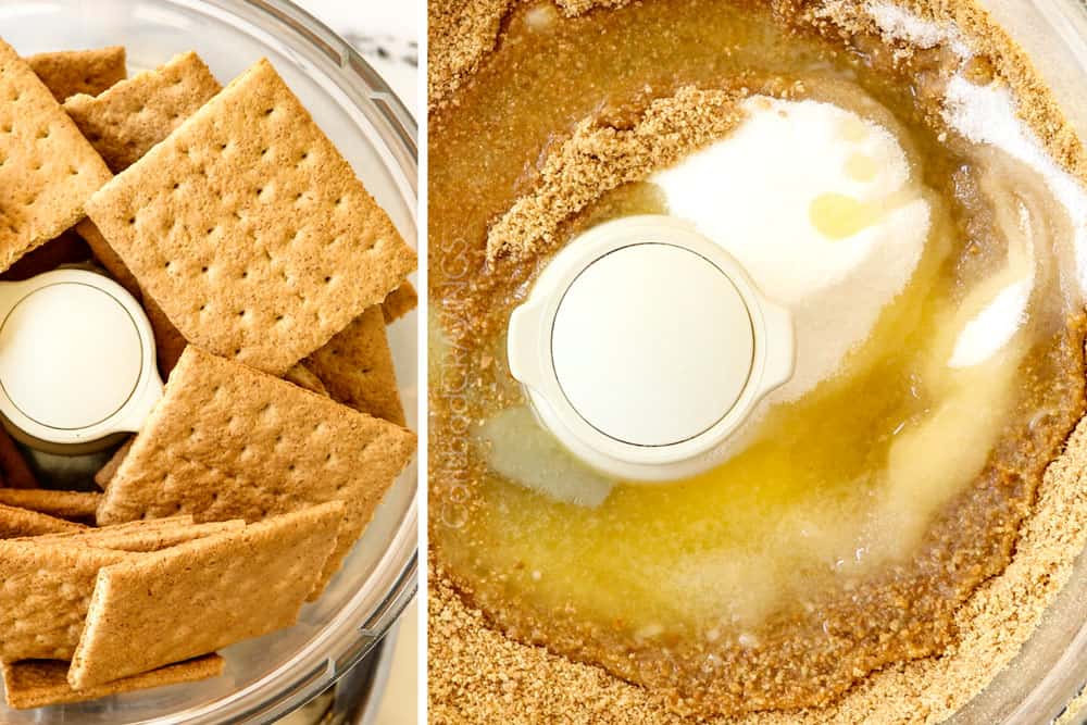 a collage showing how to make key lime cheesecake recipe by adding graham crackers to a food processor, processing, and adding sugar, and melted butter