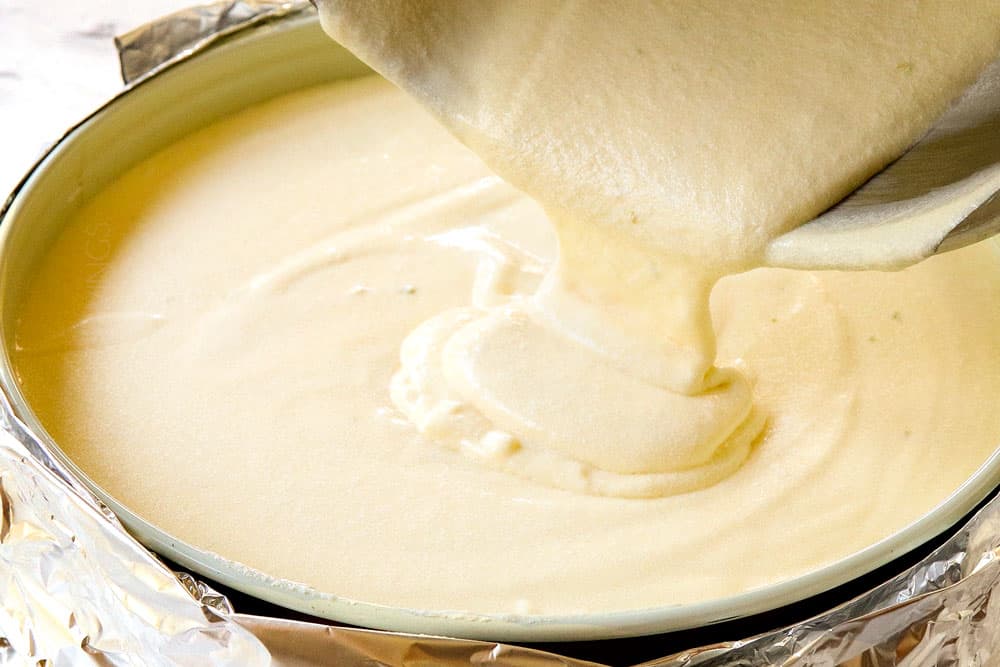 a collage showing how to make key lime cheesecake recipe by adding cheesecake to waterproofed springform pan