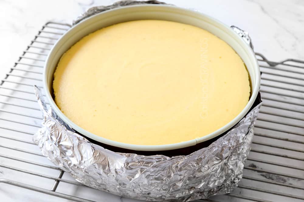 a collage showing how to make key lime cheesecake recipe by cooling cheesecake on a wire rack