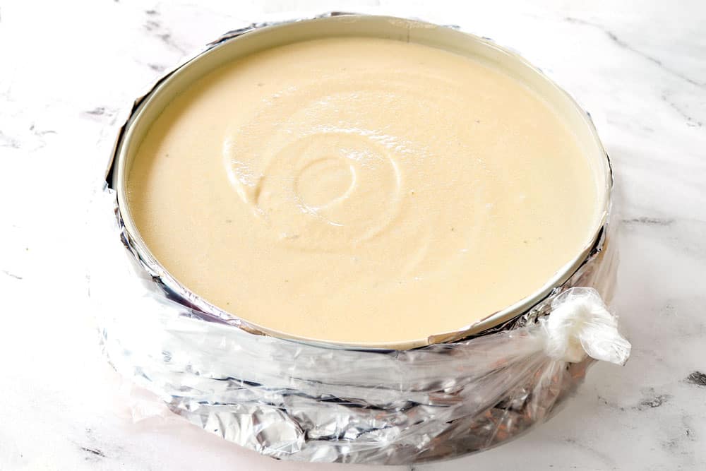 showing how to waterproof cheesecake by wrapping in a baking bag