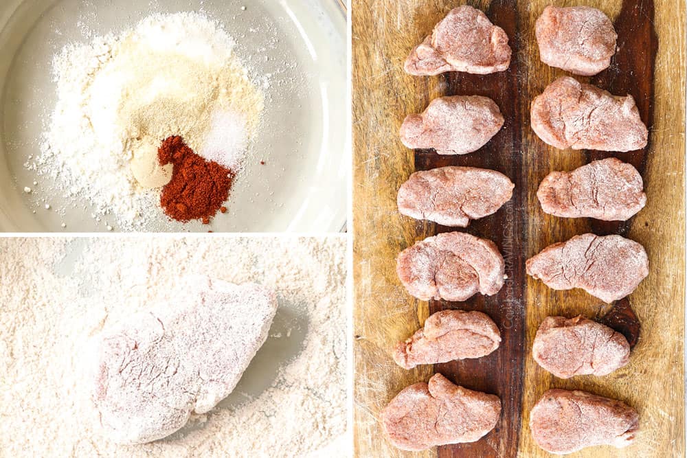 a collage showing how to make pork tenderloin medallions recipe by whisking together spice rub, dredging pork medallions in rub, then laying on a flat surface after flattening