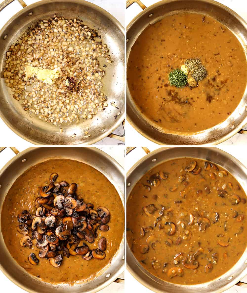 a collage showing how to cook pork medallions by sautéing shallots and garlic, adding thyme, parsley and oregano, then stirring in cooked mushrooms