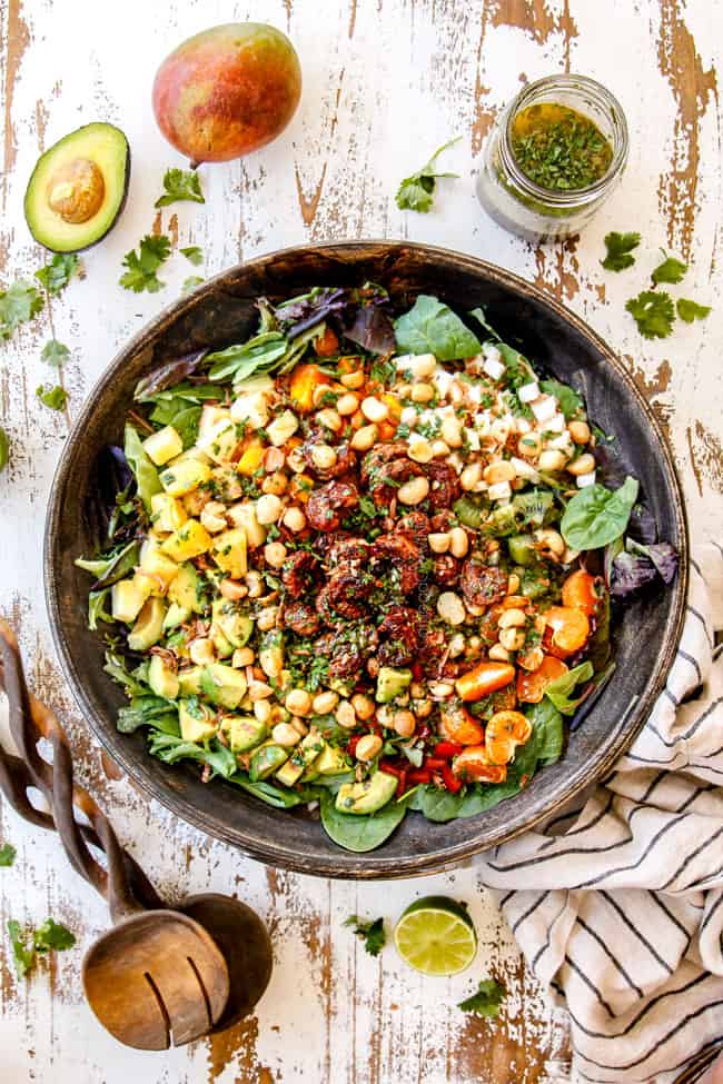 top view of shrimp and avocado salad
