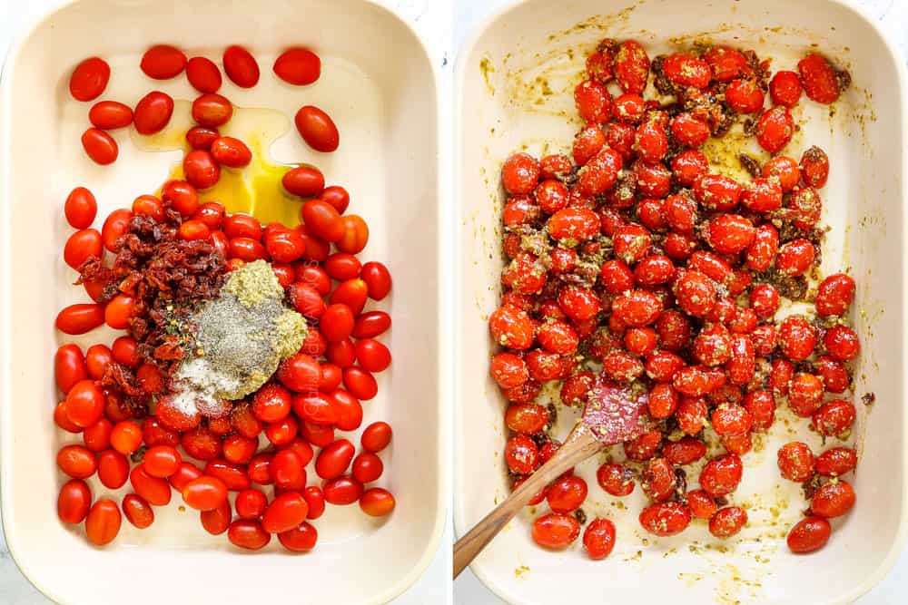 a collage showing how to make tiktok feta pasta by adding tomatoes, oil and seasonings to a baking dish then stirring all of the ingredients together