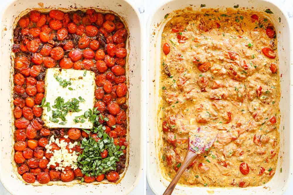 a collage showing how to make tiktok feta pasta by adding basil and garlic to roasted tomatoes, then stirring the tomatoes and feta together to create a creamy sauce