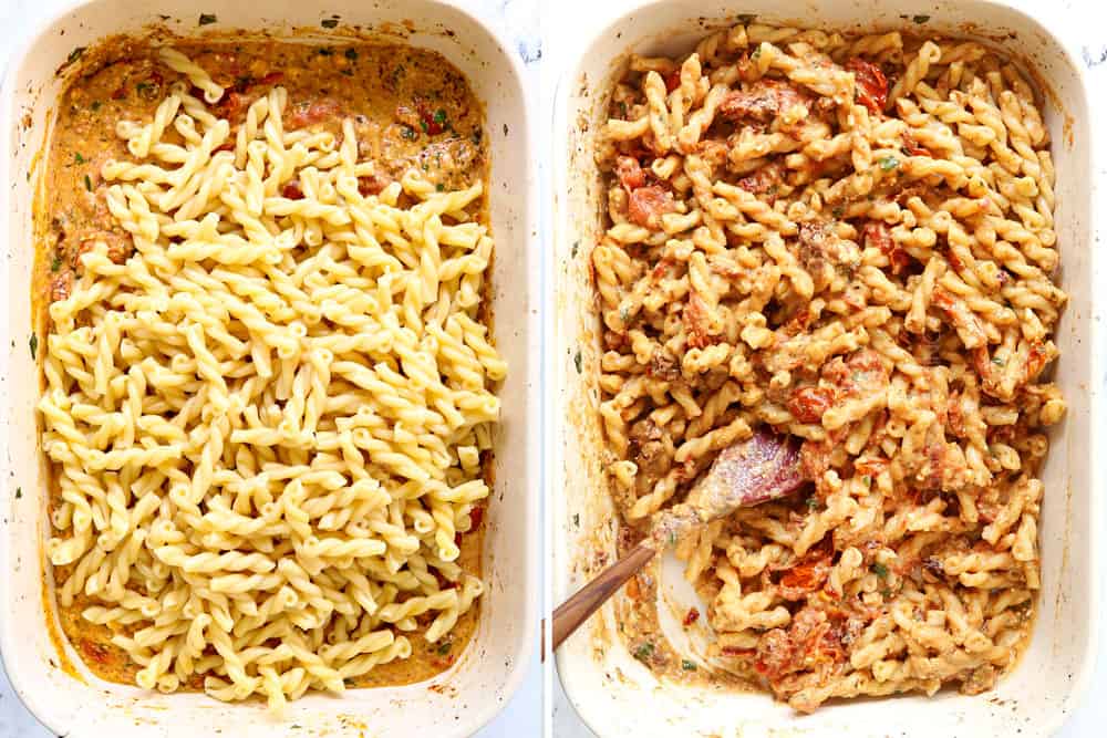 a collage showing how to make tiktok feta pasta by adding pasta to the tomato feta sauce and stirring until combined