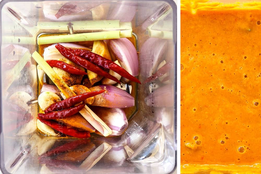 a collage showing how to make beef rendang by making the curry paste in the blender with lemongrass, shallots, ginger, garlic,