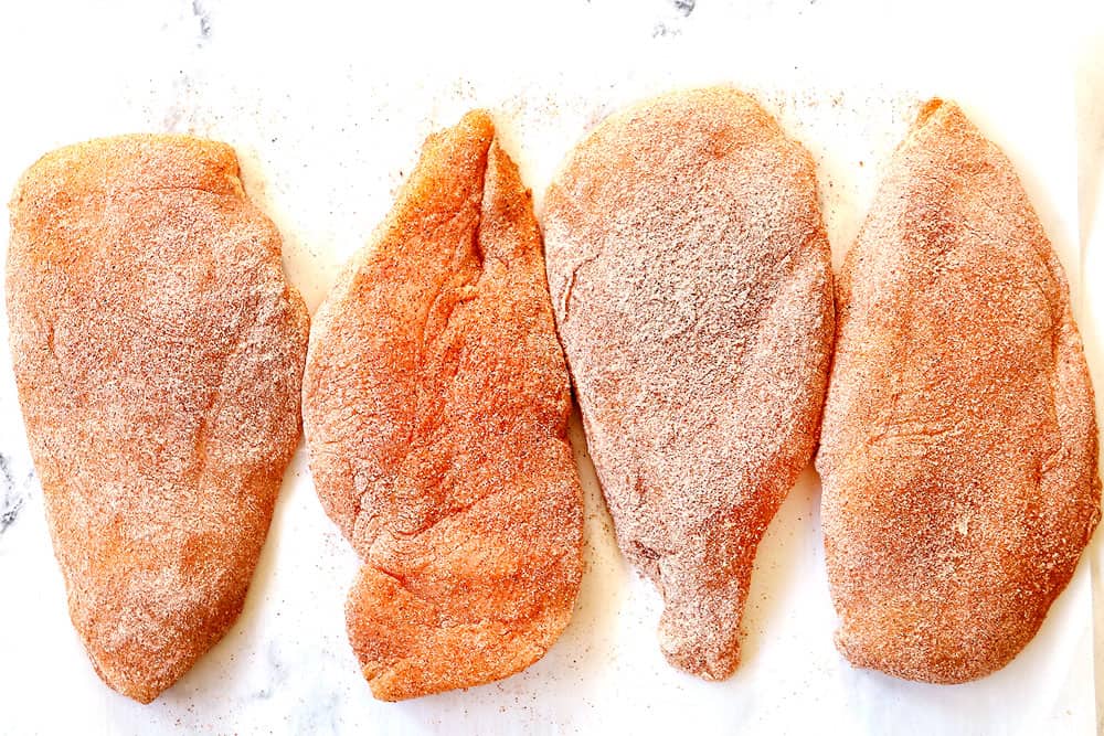 showing how to make Brown Sugar Chicken by dredging chicken in flour and seasonings
