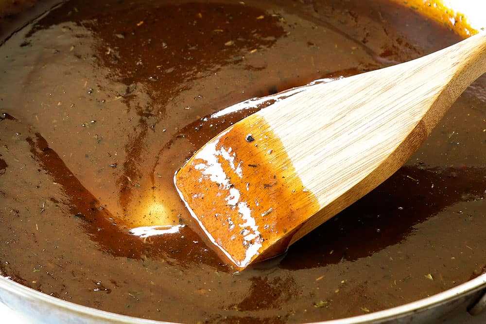 showing how to make Brown Sugar Chicken by simmering brown sugar sauce until thickened