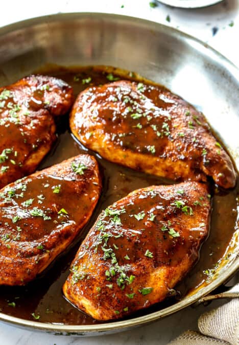 up close of garlic brown sugar chicken showing how juicy it is