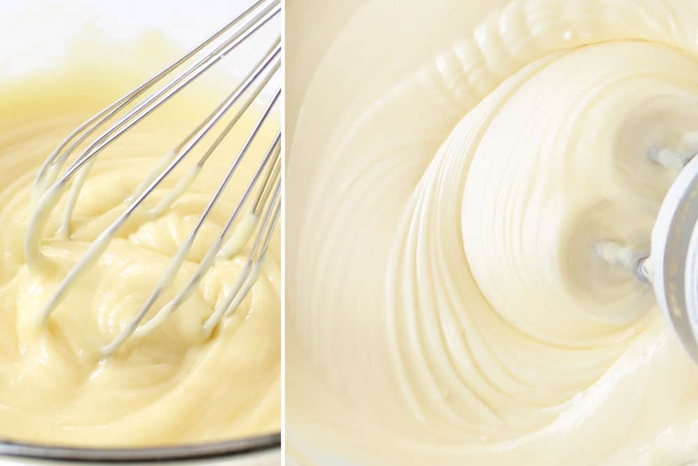 a collage showing how to make white chocolate raspberry cake by melting white chocolate and then mixing with cream cheese and powdered sugar