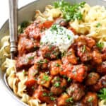a bowl of Hungarian Goulash recipe with egg noodles