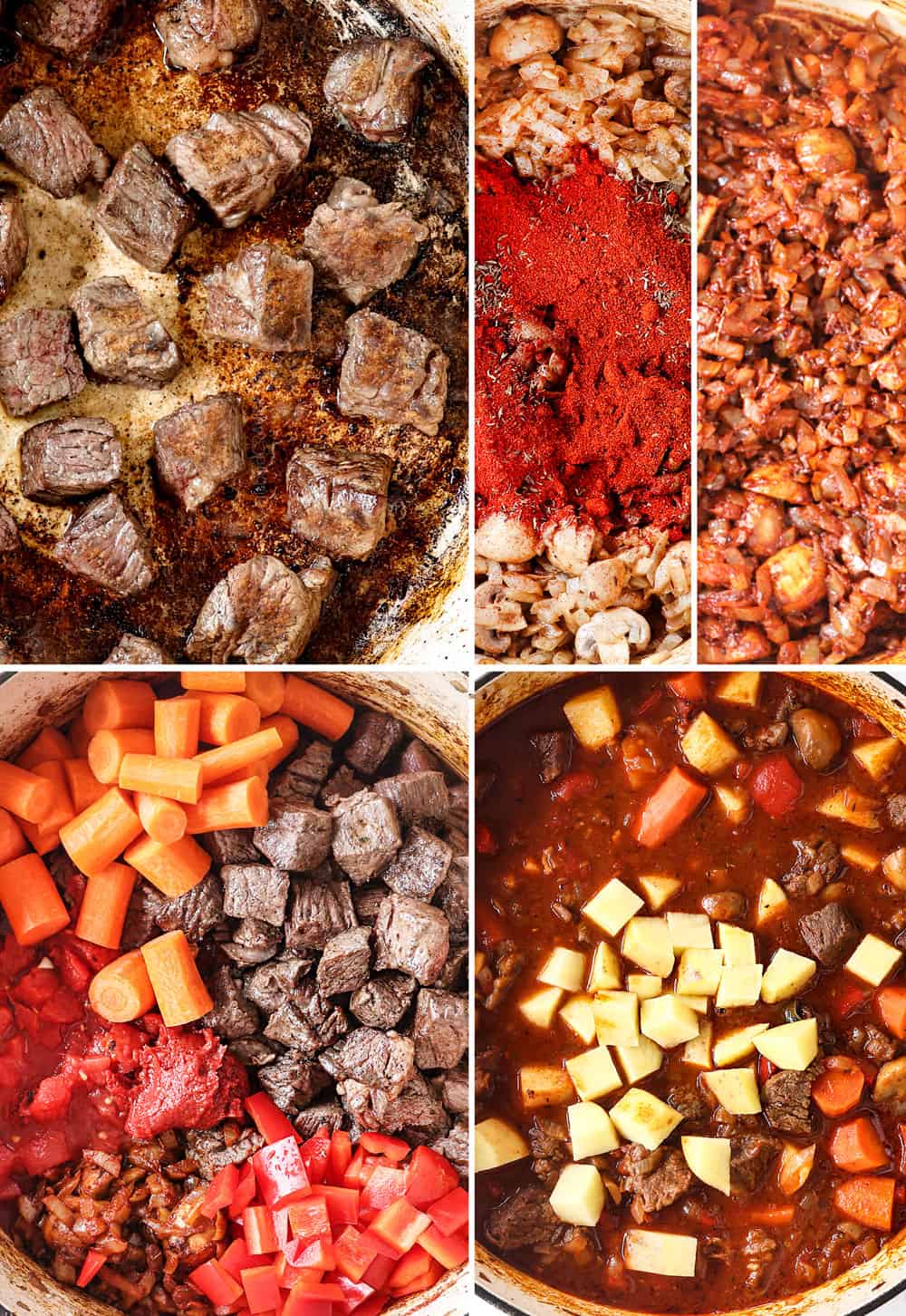 a collage showing how to make goulash by 1) searing the beef, 2) adding paprika to the onions and mushrooms, 3) adding beef, carrots, tomatoes to the pot, 4) adding potatoes to the goulash