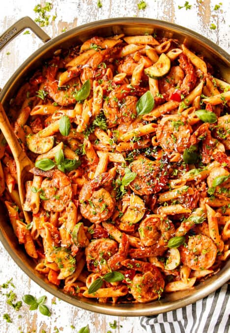 top view of shrimp pasta recipe garnished with parsley