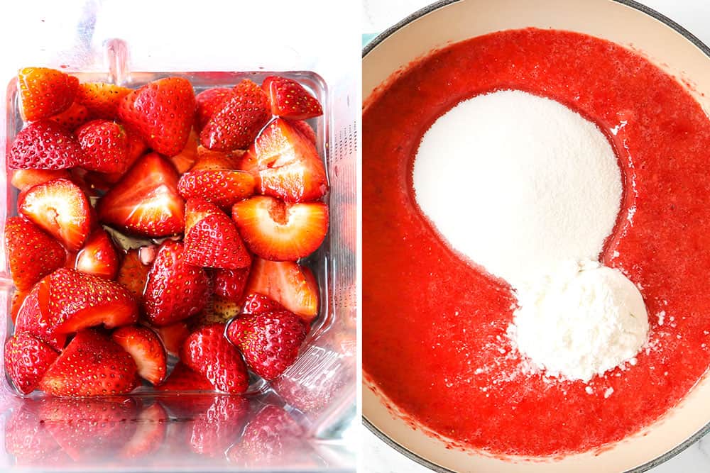 a collage showing how to make strawberry pie recipe by making filling by pureeing strawberries in a blender and adding to a saucepan with sugar, water and cornstarch