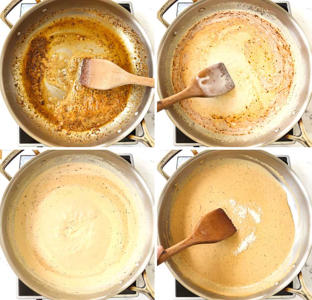 showing how to make chicken alfredo with Cajun blackened chicken by: 1) sautéing the garlic in a stainless steel skillet, 2) adding the heavy cream and chicken, 3), simmering the sauce to thicken, 4) adding the Parmesan