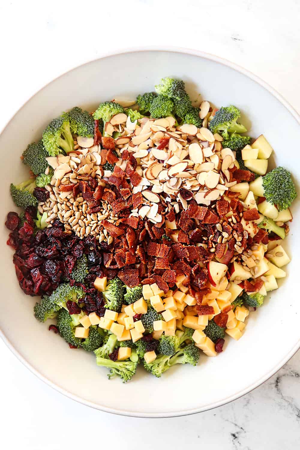 top view showing how to make easy broccoli salad by adding broccoli, bacon cheese, apples, nuts, sunflower seeds and craisins to a white bowl