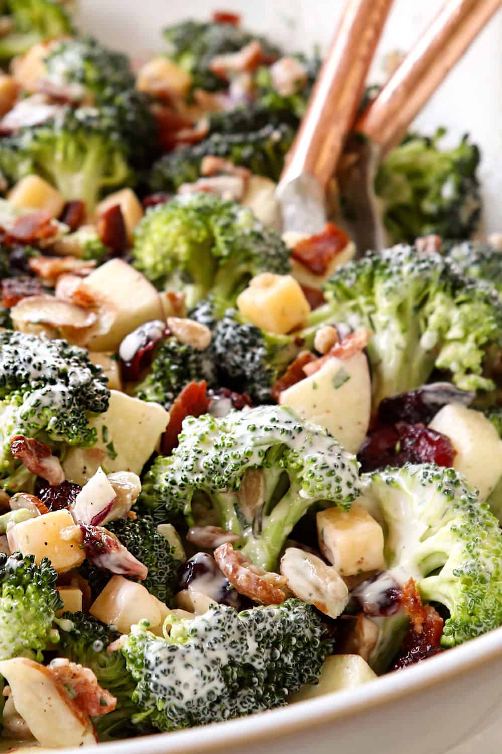 up close of broccoli bacon salad recipe showing howcreamy it is