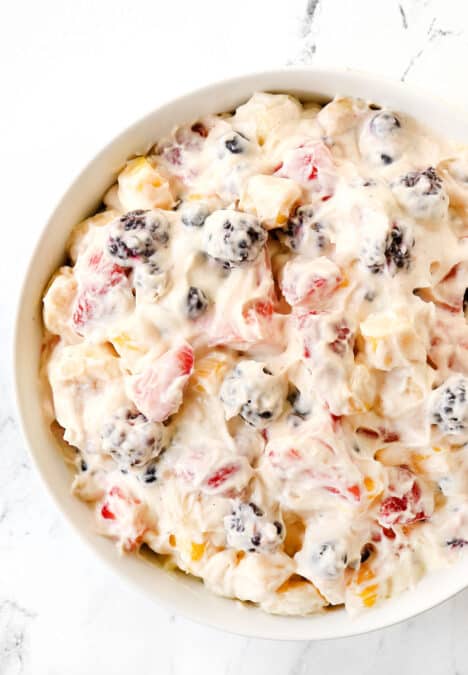 top view of cheesecake salad with fruit