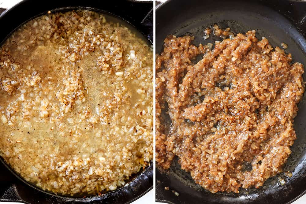 a collage showing how to make warm German potato salad recipe by sautéing onions, then simmering with apple cider vinegar, mustard, and chicken broth until reduced
